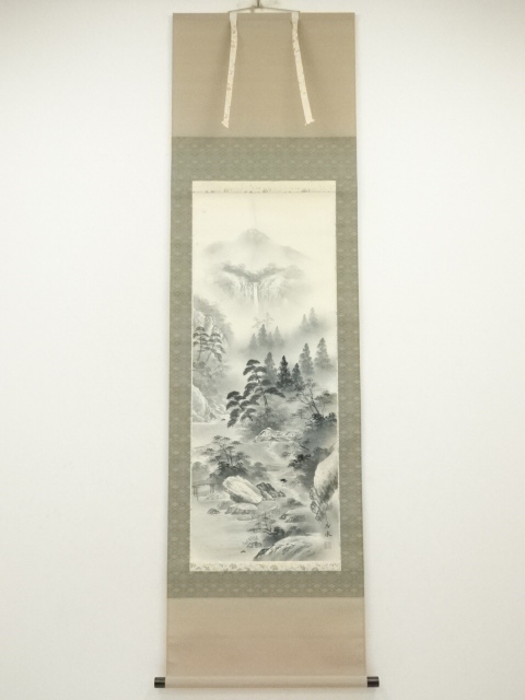 掛け軸 荒川勝英 水墨山水 絹本 希少 軸装 茶道具 掛軸 美品 共箱 二重箱